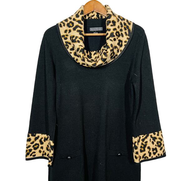 Jessica Howard Knit Shift Dress Cowl Neck Black Animal Accent - L - Picture 2 of 5
